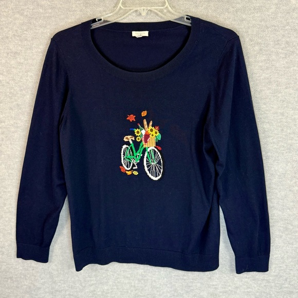 Talbots 2X Bicycle Jacquard Crewneck Pullover Sweater Navy Blue Fall Picnic - Picture 3 of 11